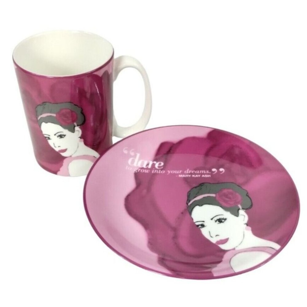 Mary Kay Ash Dare to Grow Quote Pink Porcelain Ceramic Coffee Mug and Plate Set